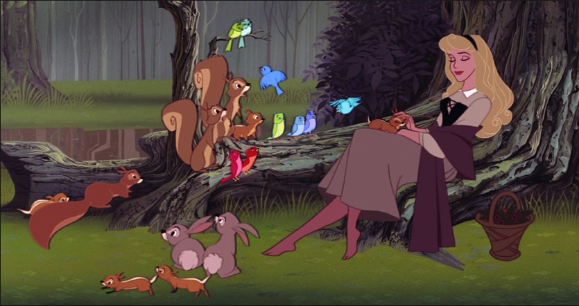 Sleeping Beauty with animals in woods