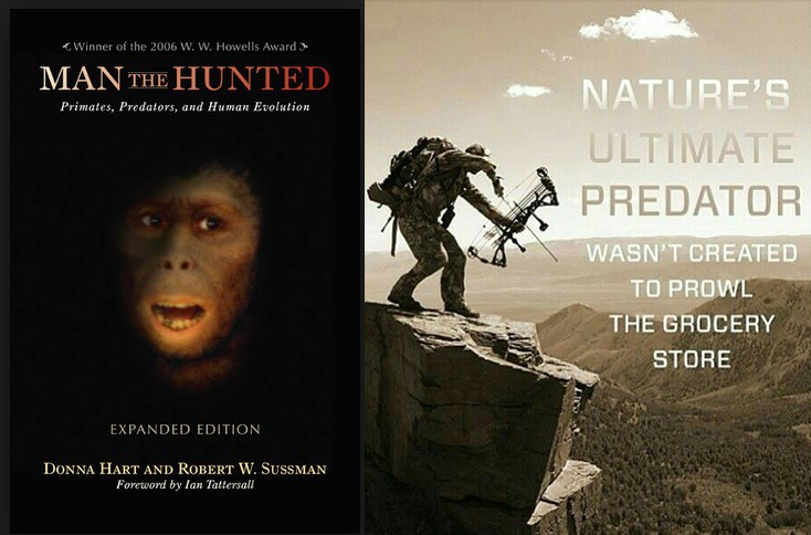 Cover of the book "Man the Hunted," showing a terrified human-like primate (left) and a meme expressing the common perception of humans as an "ultimate predator" (right). Notice the importance of the weapon and physical position to in the second image. Citation information for "Man the Hunted" is in reference 4 below. Images used under Fair Use as stated in the Copyright Act of 1976, 17 U.S.C. § 107.