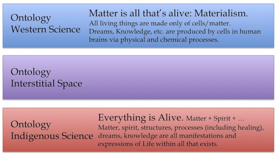 Figure 17. Comparison of Ontologic systems in Western and Indigenous science. Whereas the epistemic systems of these two groups looked nearly identical in Figure 12, the ontologic systems are extremely different. 